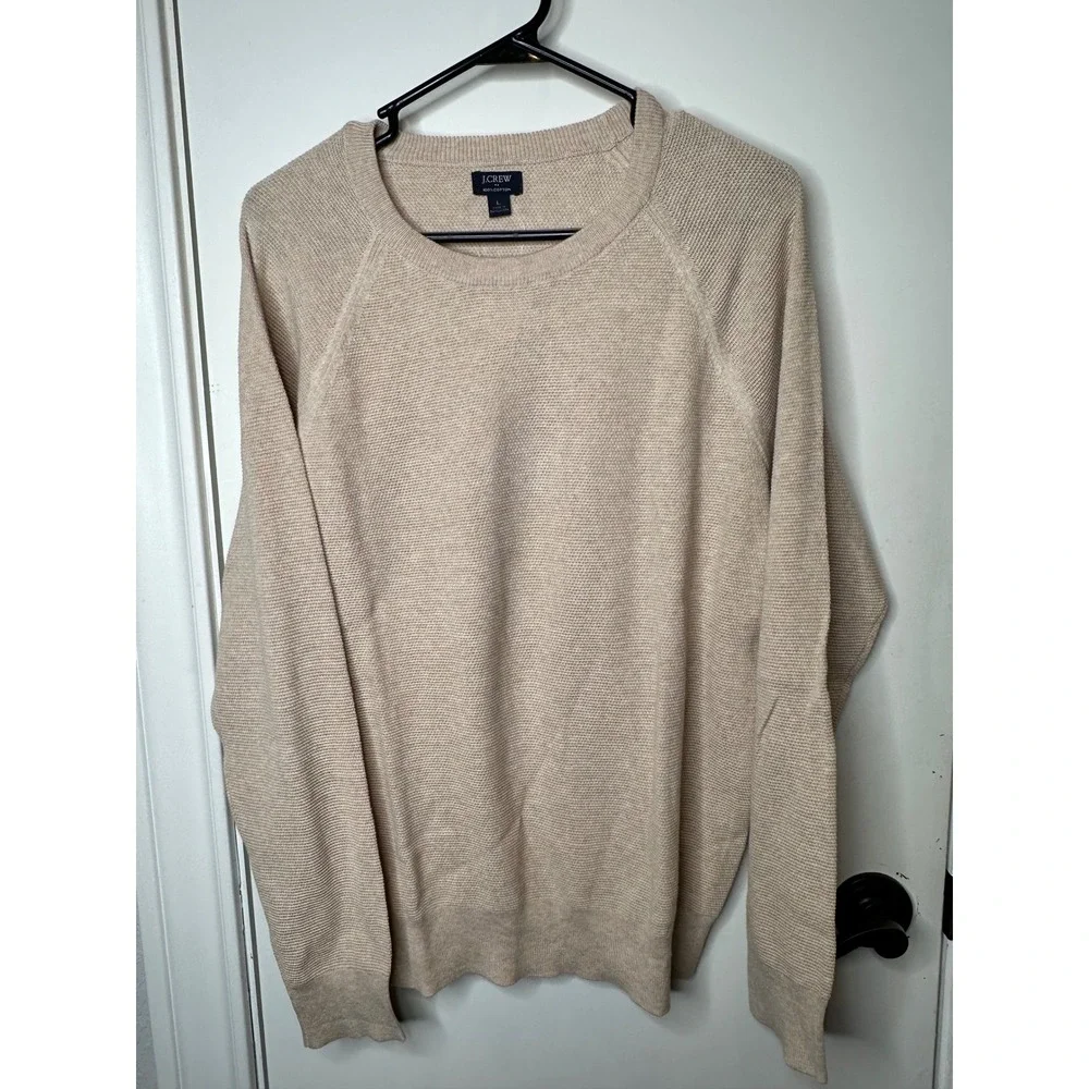 J.Crew Mens Textured Cotton Crewneck Sweater Beige CD617 Raglan Pullover L NEW